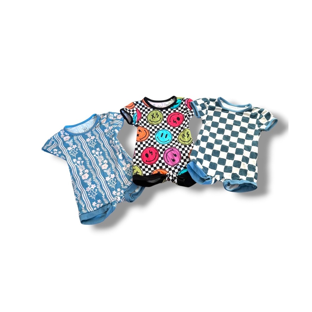 The Simple Seed Bamboo Rompers Baby 3-6M Checkered Smiley Floral 3pc Bundle